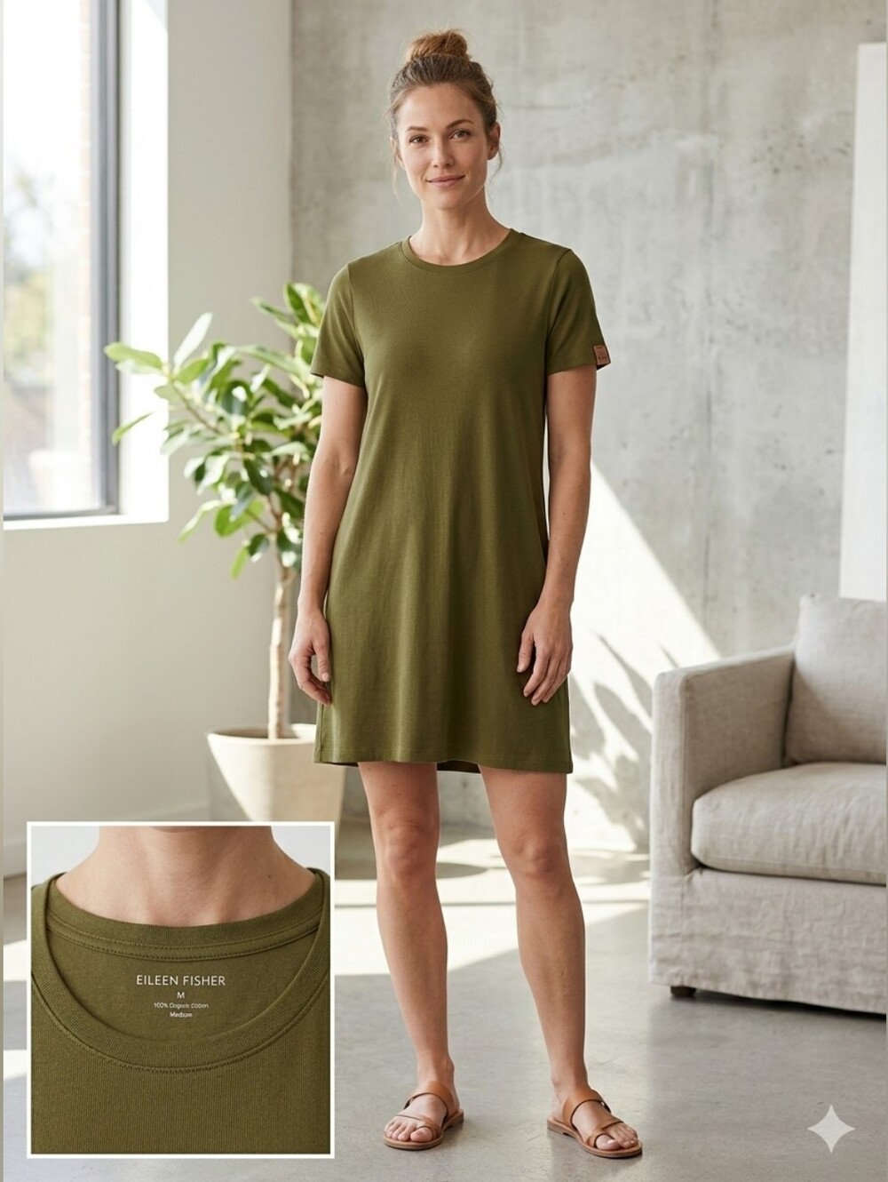 Eileen Fisher T-Shirt Dress Medium Olive Green 100% Organic Cotton Short Sleeve
